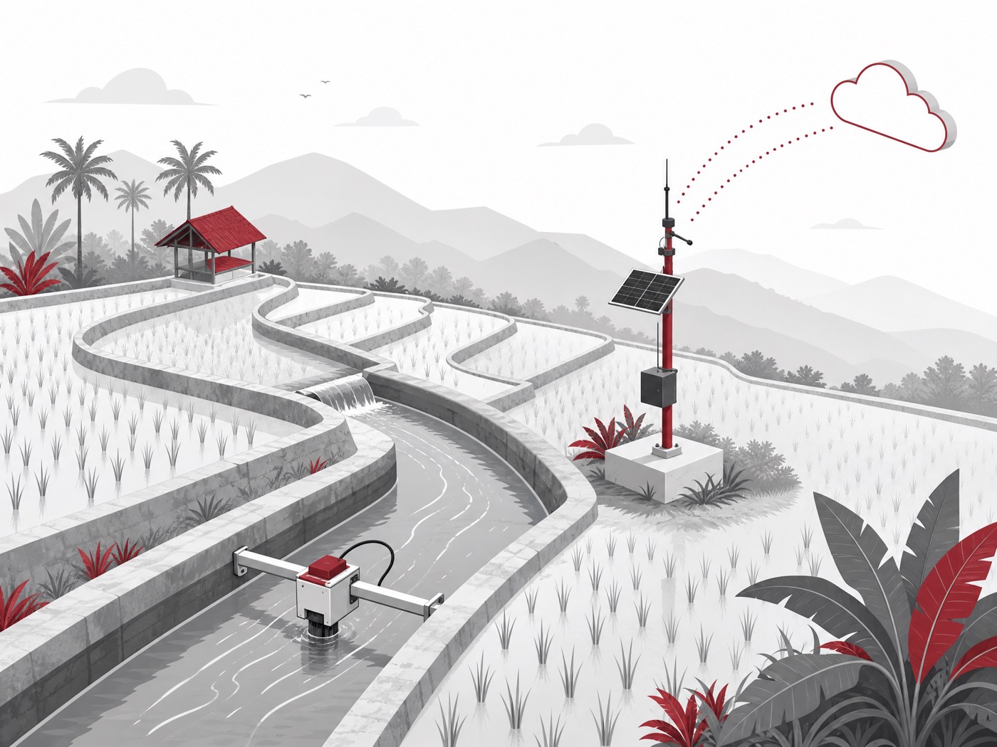 Illustration of irrigation canals with a flow sensor and telemetry mast