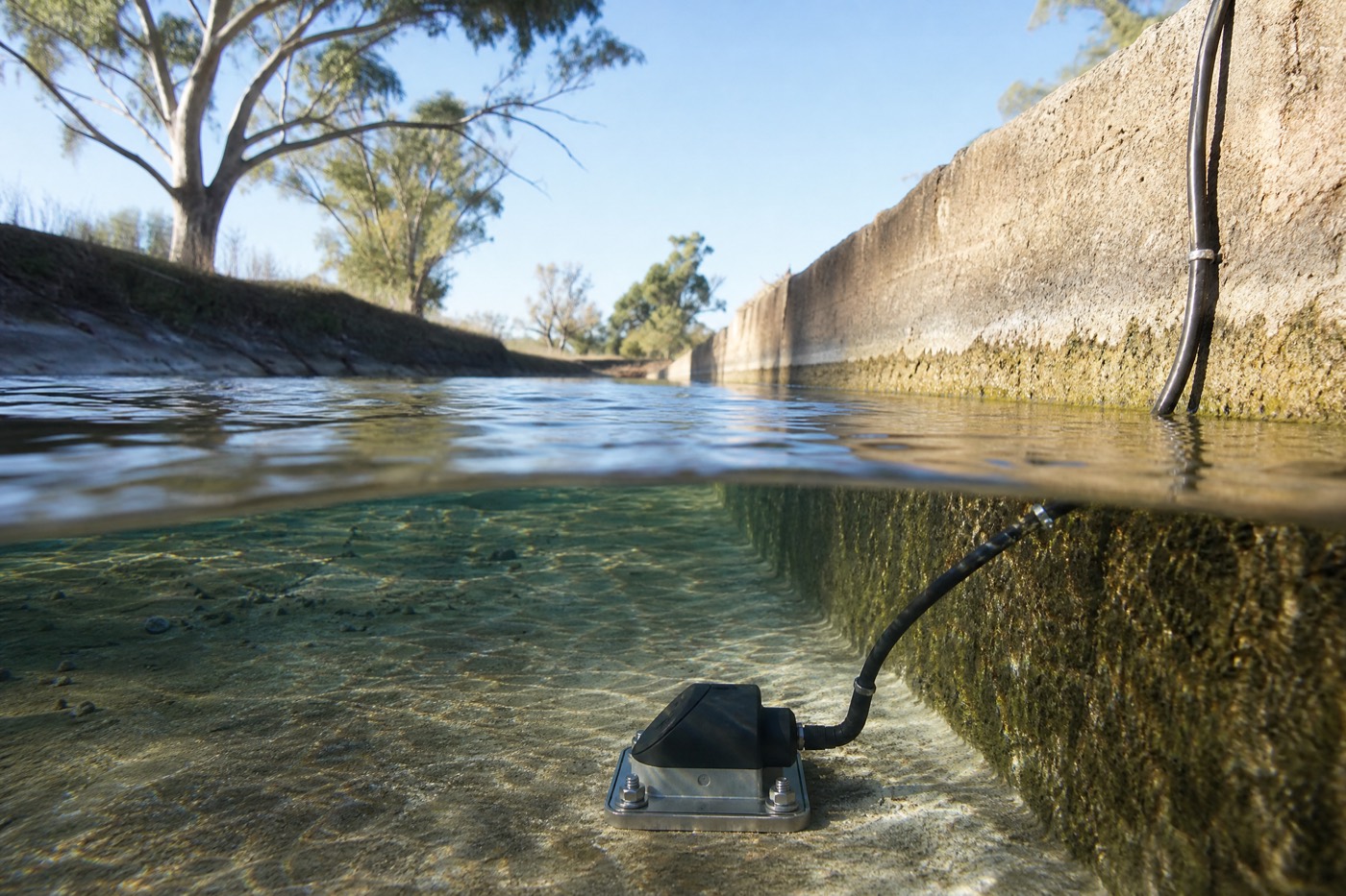 Starflow QSD water velocity sensor installed on the floor of an irrigation channel